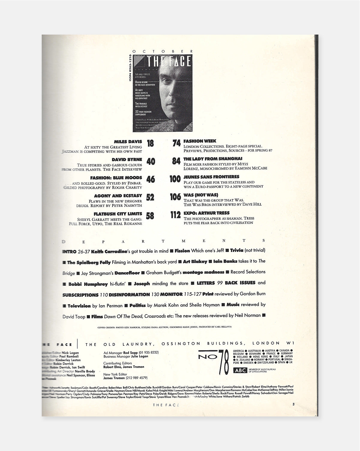 The Face Magazine October 1986 (Vol. 2 - #78 - David Byrne)