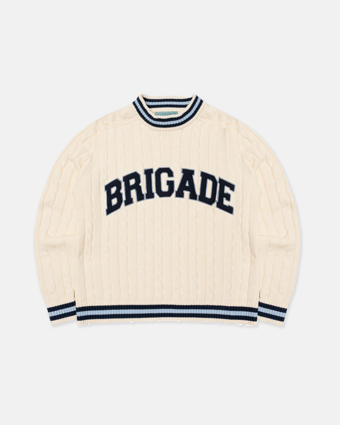 Brigade White Varsity Cable Knit Sweater