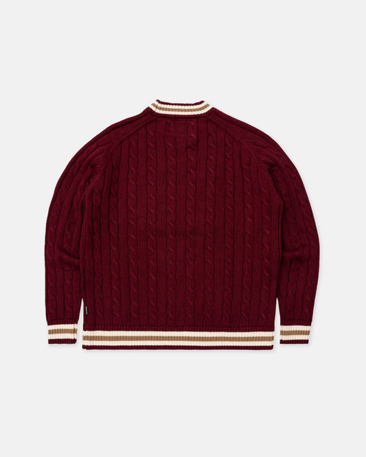 Brigade Burgundy Varsity Cable Knit Sweater