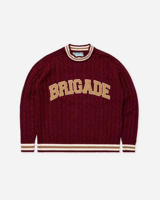 Brigade Burgundy Varsity Cable Knit Sweater