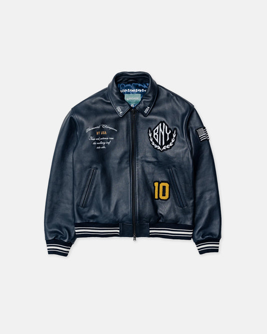 Brigade Navy Decennial Leather Varsity Jacket